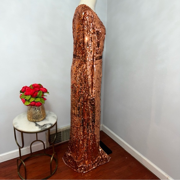 MAC DUGGAL Copper Long Sleeve One Shoulder Sequin Gown With Slit - New W/Tag - Picture 17 of 17